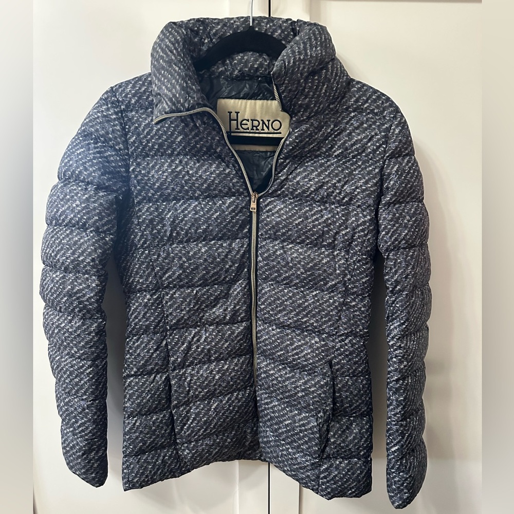Herno Women’s Puffer Jacket size 40 (US 4) Blue Heathered Gray Black Packable